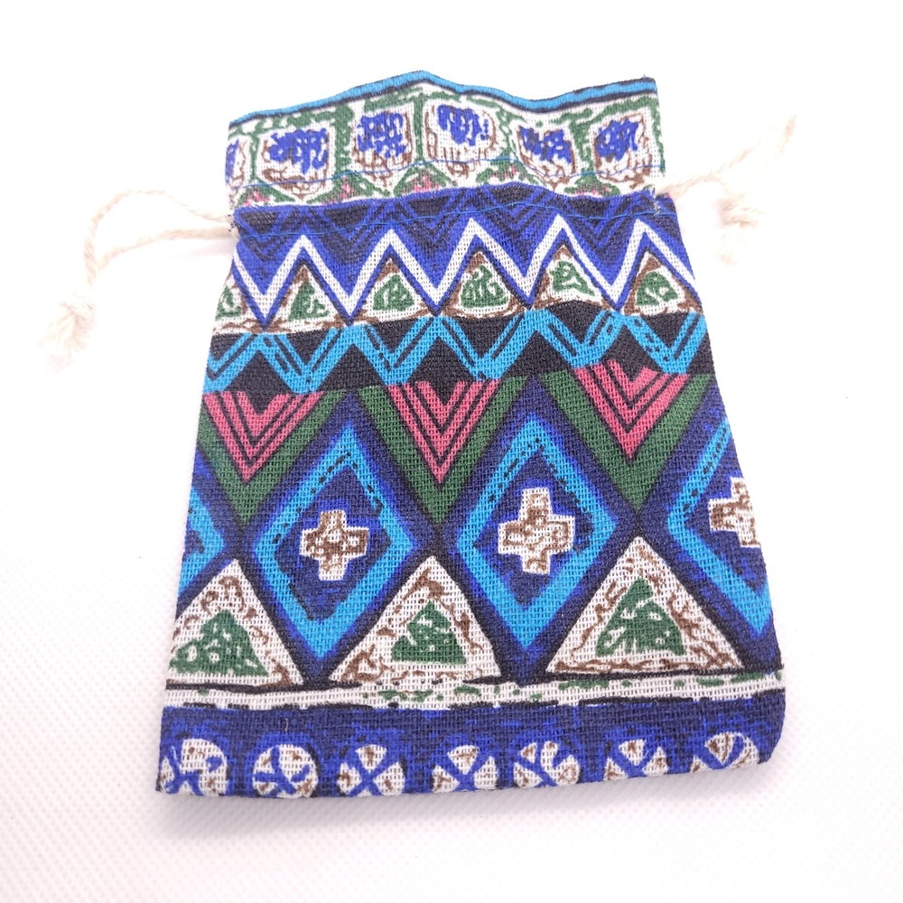 Handwoven Textile Drawstring Pouch Geometric Blue Green Pink Folk Art Boho Bag